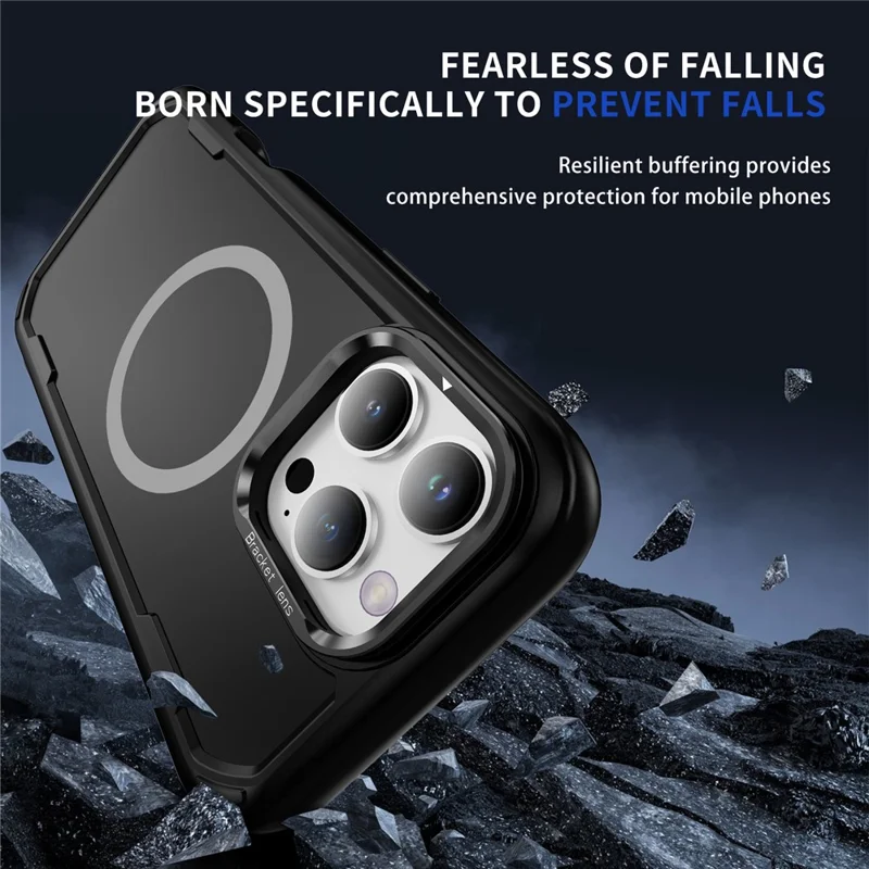 For iPhone 16 Pro Case Compatible with MagSafe Lens Frame Kickstand TPU + PC Shockproof Phone Cover - Black + Black