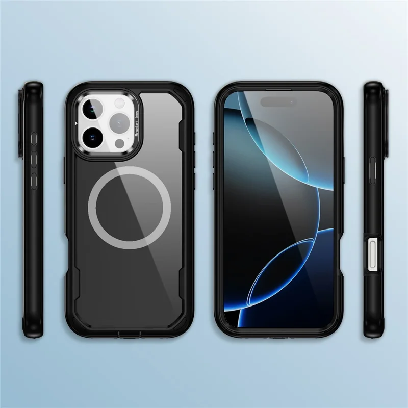 For iPhone 16 Pro Case Compatible with MagSafe Lens Frame Kickstand TPU + PC Shockproof Phone Cover - Black + Black