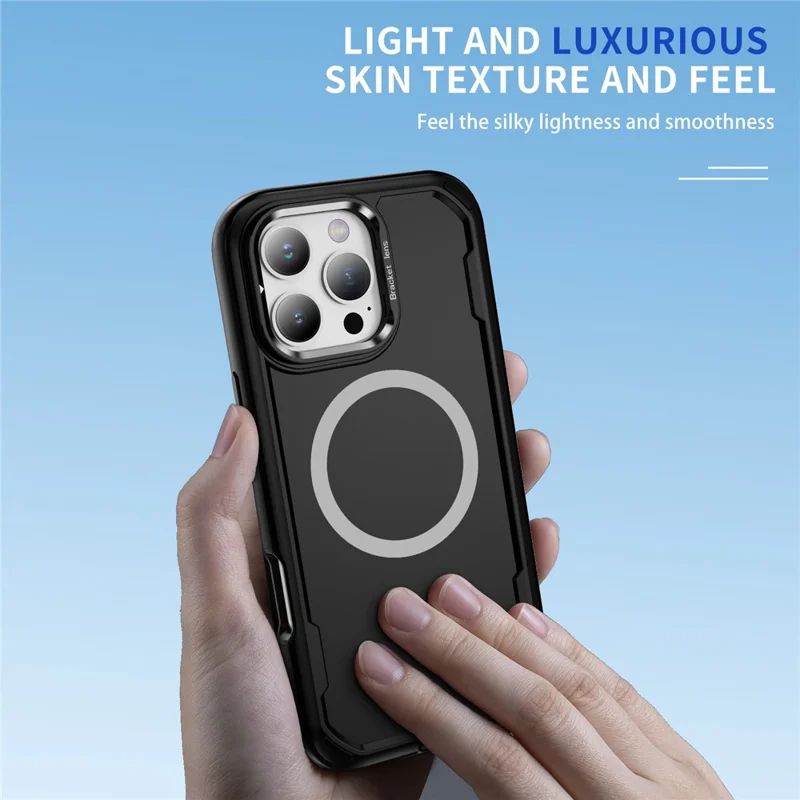 For iPhone 16 Pro Case Compatible with MagSafe Lens Frame Kickstand TPU + PC Shockproof Phone Cover - Black + Black