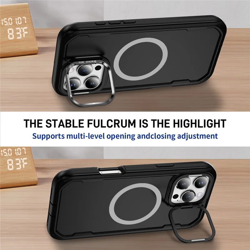 For iPhone 16 Pro Case Compatible with MagSafe Lens Frame Kickstand TPU + PC Shockproof Phone Cover - Black + Black