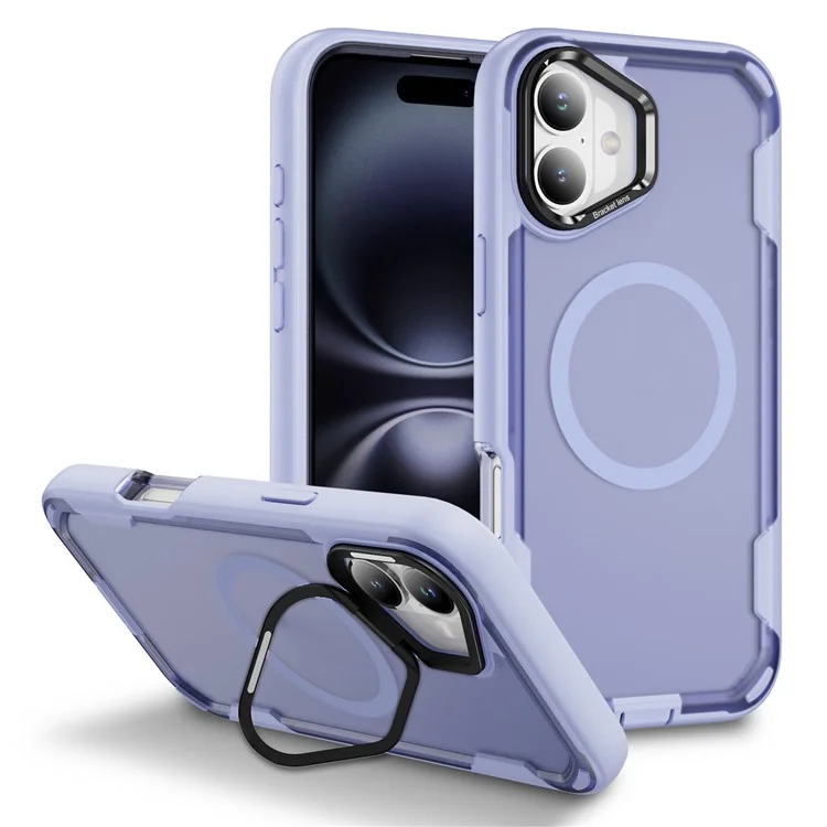 Étui pour iPhone 16 Compatible avec MagSafe Cadre pour Objectif Support Béquille TPU + PC Antichoc - Violet Clair + Violet Transparent
