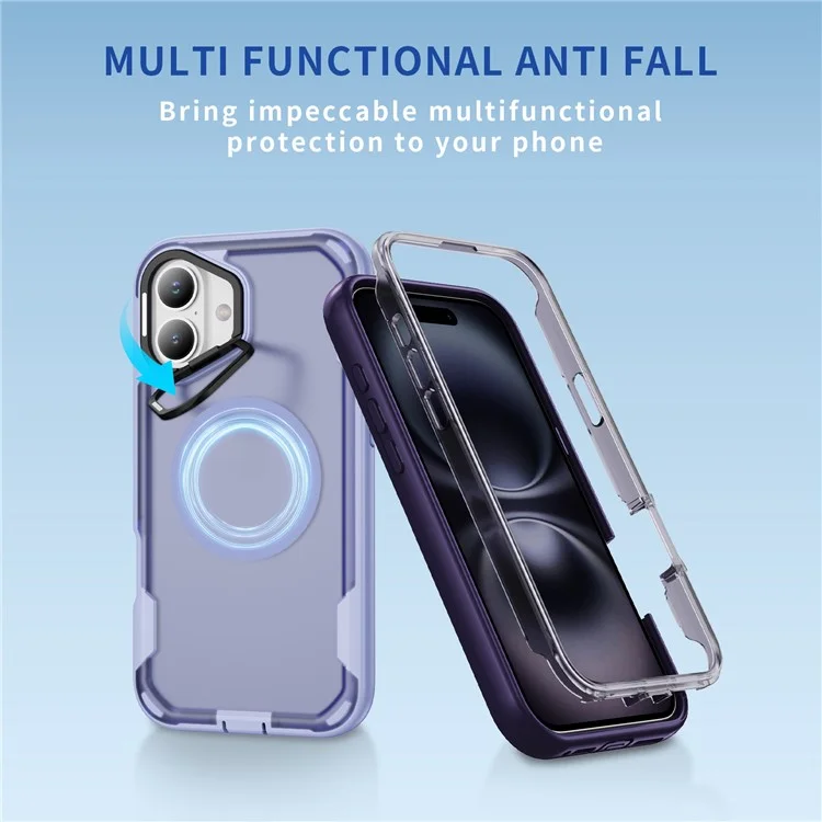 Étui pour iPhone 16 Compatible avec MagSafe Cadre pour Objectif Support Béquille TPU + PC Antichoc - Violet Clair + Violet Transparent