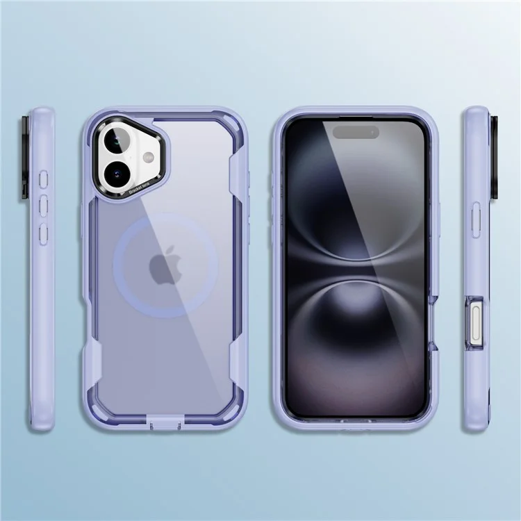 Étui pour iPhone 16 Compatible avec MagSafe Cadre pour Objectif Support Béquille TPU + PC Antichoc - Violet Clair + Violet Transparent