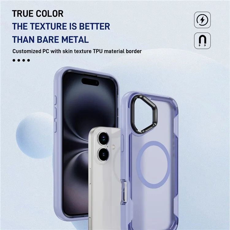 Étui pour iPhone 16 Compatible avec MagSafe Cadre pour Objectif Support Béquille TPU + PC Antichoc - Violet Clair + Violet Transparent