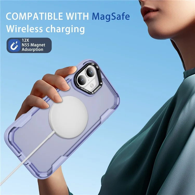 Étui pour iPhone 16 Compatible avec MagSafe Cadre pour Objectif Support Béquille TPU + PC Antichoc - Violet Clair + Violet Transparent