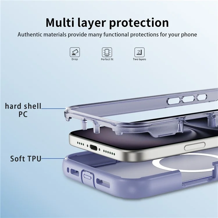 Étui pour iPhone 16 Compatible avec MagSafe Cadre pour Objectif Support Béquille TPU + PC Antichoc - Violet Clair + Violet Transparent