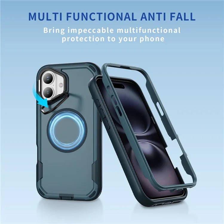 For iPhone 16 Plus Case Compatible with MagSafe Lens Frame Kickstand TPU + PC Shockproof Phone Cover - Sapphire + Blue