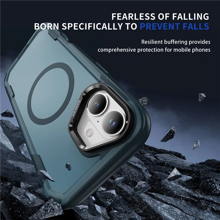 For iPhone 16 Plus Case Compatible with MagSafe Lens Frame Kickstand TPU + PC Shockproof Phone Cover - Sapphire + Blue