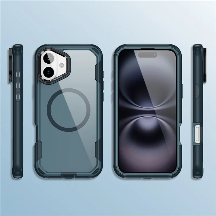 For iPhone 16 Plus Case Compatible with MagSafe Lens Frame Kickstand TPU + PC Shockproof Phone Cover - Sapphire + Blue