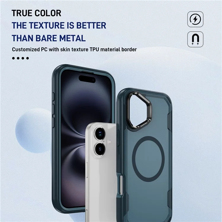 For iPhone 16 Plus Case Compatible with MagSafe Lens Frame Kickstand TPU + PC Shockproof Phone Cover - Sapphire + Blue