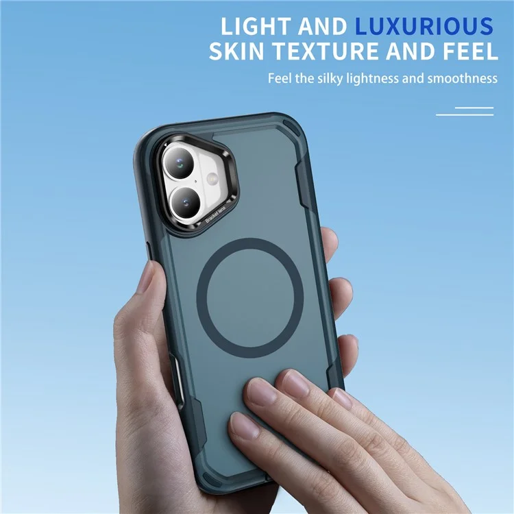 For iPhone 16 Plus Case Compatible with MagSafe Lens Frame Kickstand TPU + PC Shockproof Phone Cover - Sapphire + Blue