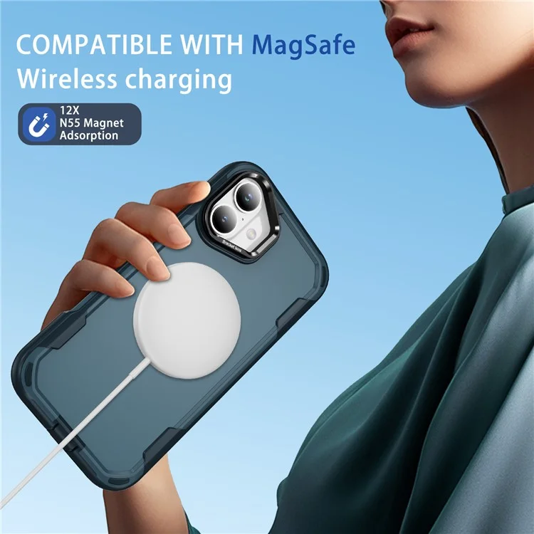 For iPhone 16 Plus Case Compatible with MagSafe Lens Frame Kickstand TPU + PC Shockproof Phone Cover - Sapphire + Blue