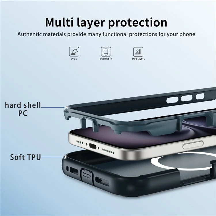For iPhone 16 Plus Case Compatible with MagSafe Lens Frame Kickstand TPU + PC Shockproof Phone Cover - Sapphire + Blue