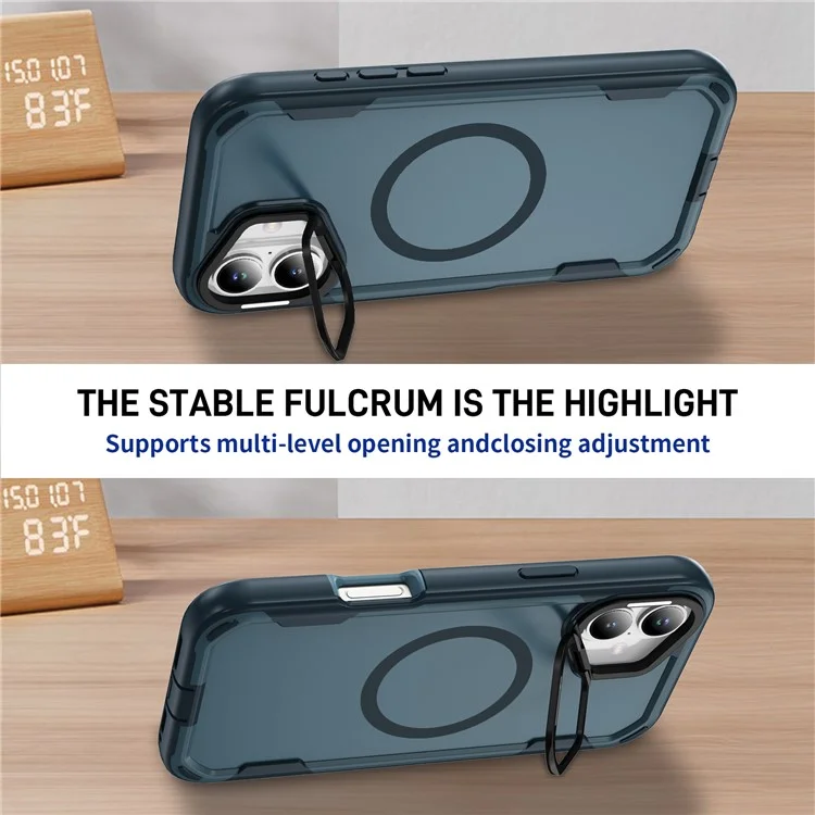 For iPhone 16 Plus Case Compatible with MagSafe Lens Frame Kickstand TPU + PC Shockproof Phone Cover - Sapphire + Blue