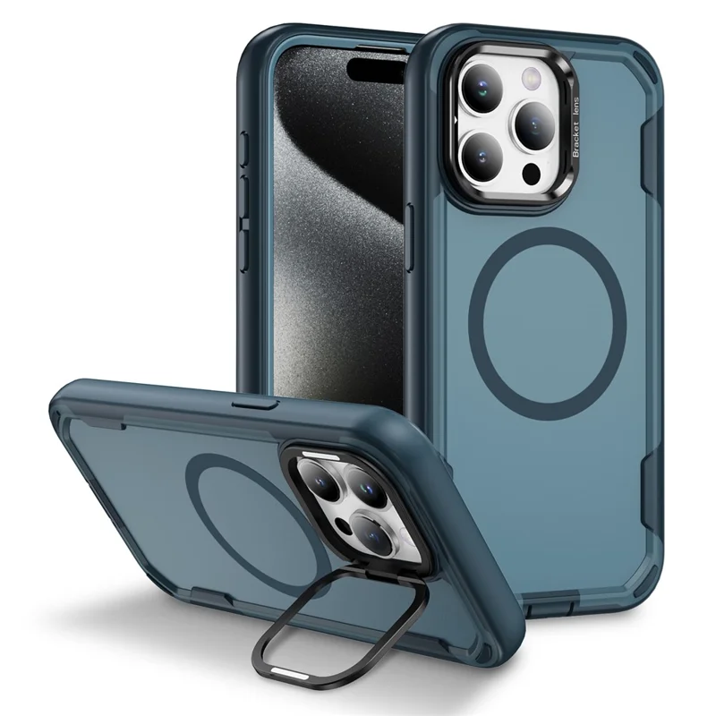 For iPhone 15 Pro Max Case Compatible with MagSafe Lens Frame Kickstand TPU + PC Shockproof Phone Cover - Sapphire + Blue