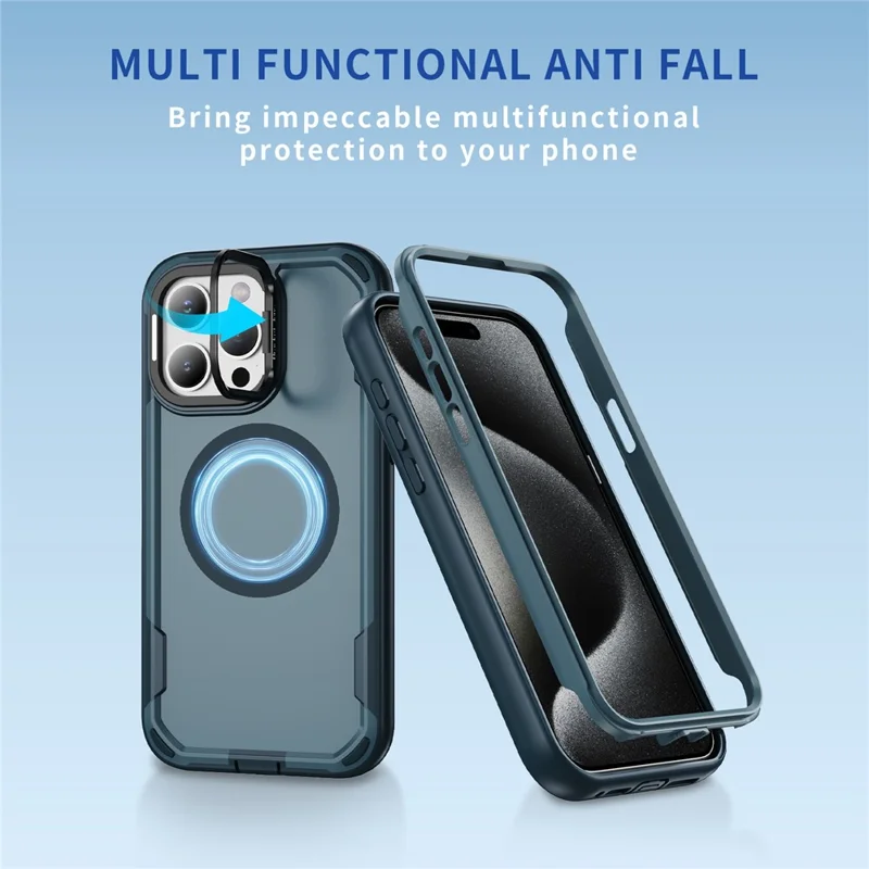For iPhone 15 Pro Max Case Compatible with MagSafe Lens Frame Kickstand TPU + PC Shockproof Phone Cover - Sapphire + Blue
