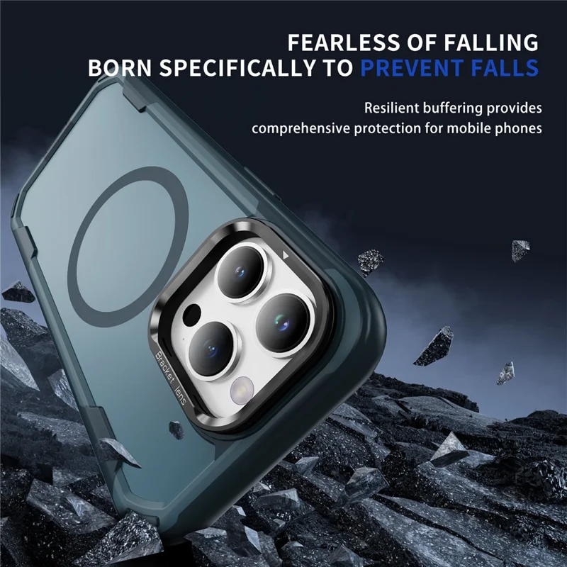 For iPhone 15 Pro Max Case Compatible with MagSafe Lens Frame Kickstand TPU + PC Shockproof Phone Cover - Sapphire + Blue