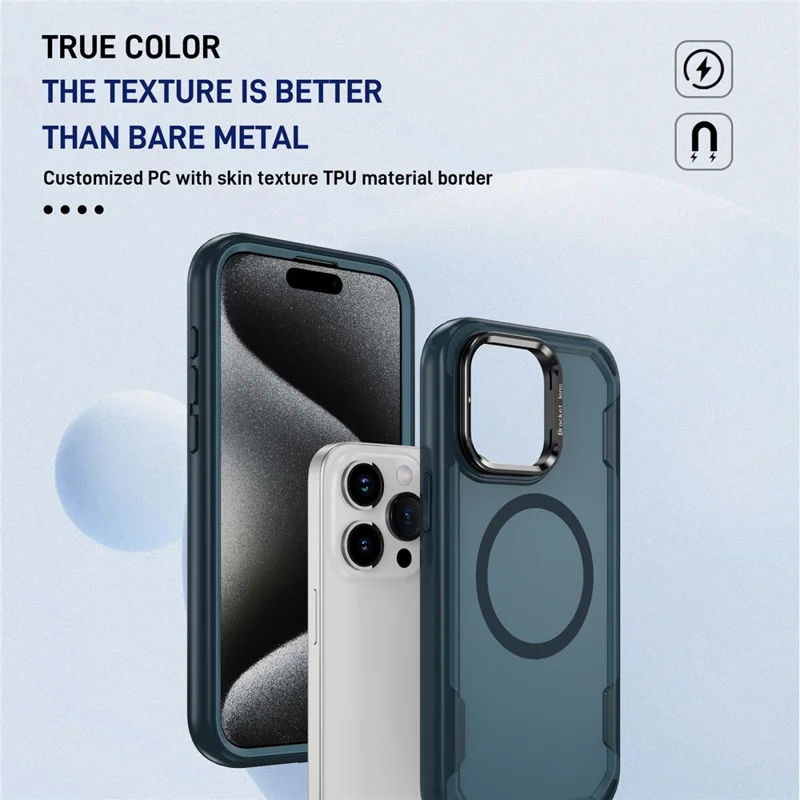 For iPhone 15 Pro Max Case Compatible with MagSafe Lens Frame Kickstand TPU + PC Shockproof Phone Cover - Sapphire + Blue