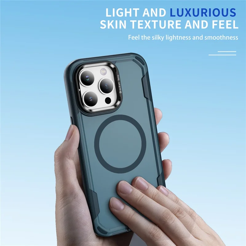 For iPhone 15 Pro Max Case Compatible with MagSafe Lens Frame Kickstand TPU + PC Shockproof Phone Cover - Sapphire + Blue