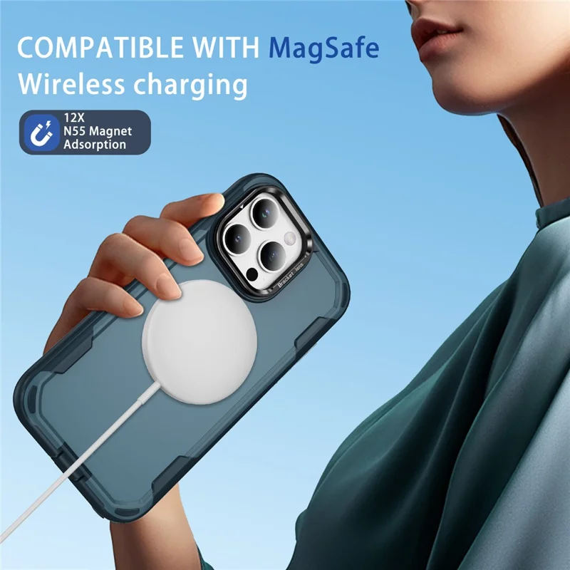For iPhone 15 Pro Max Case Compatible with MagSafe Lens Frame Kickstand TPU + PC Shockproof Phone Cover - Sapphire + Blue