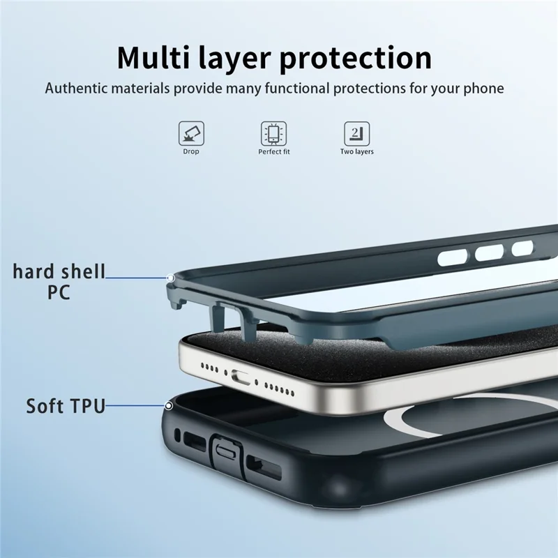 For iPhone 15 Pro Max Case Compatible with MagSafe Lens Frame Kickstand TPU + PC Shockproof Phone Cover - Sapphire + Blue
