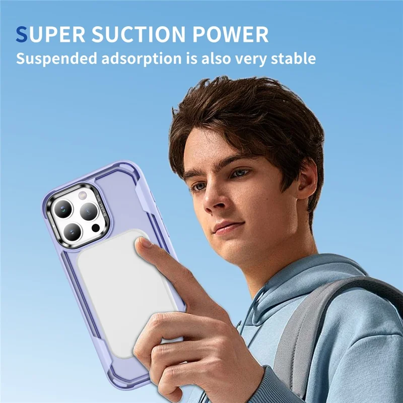 For iPhone 15 Pro Max Case Compatible with MagSafe Lens Frame Kickstand TPU + PC Shockproof Phone Cover - Light Purple + Transparent Purple