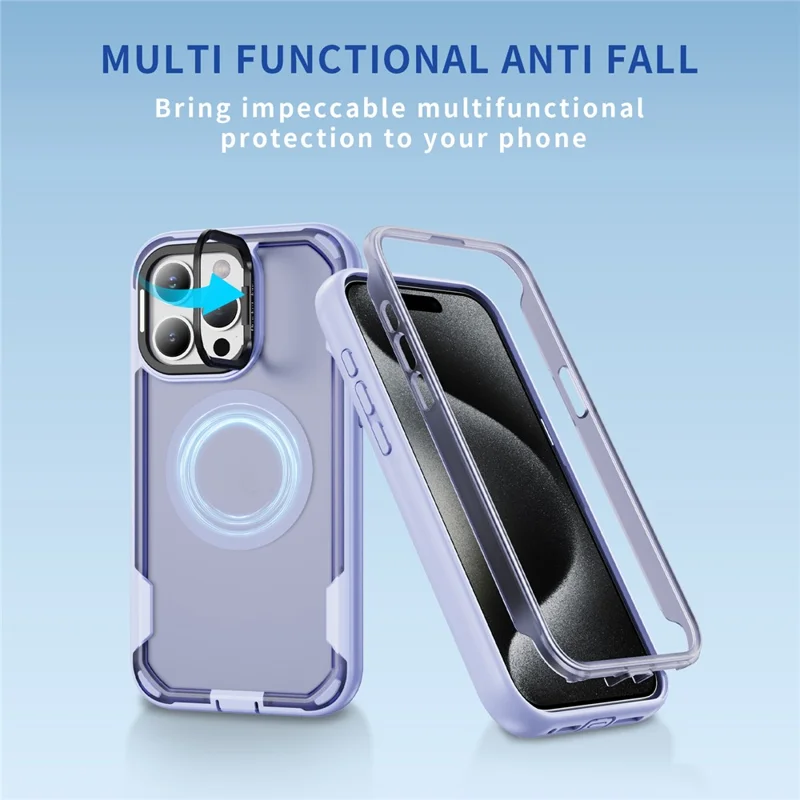 For iPhone 15 Pro Max Case Compatible with MagSafe Lens Frame Kickstand TPU + PC Shockproof Phone Cover - Light Purple + Transparent Purple