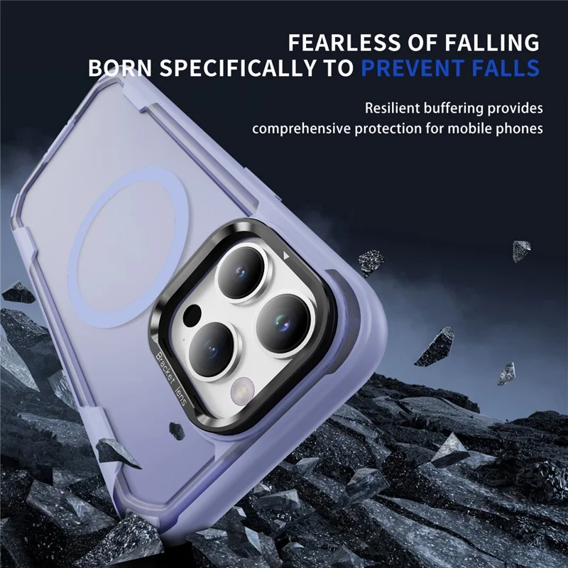 For iPhone 15 Pro Max Case Compatible with MagSafe Lens Frame Kickstand TPU + PC Shockproof Phone Cover - Light Purple + Transparent Purple