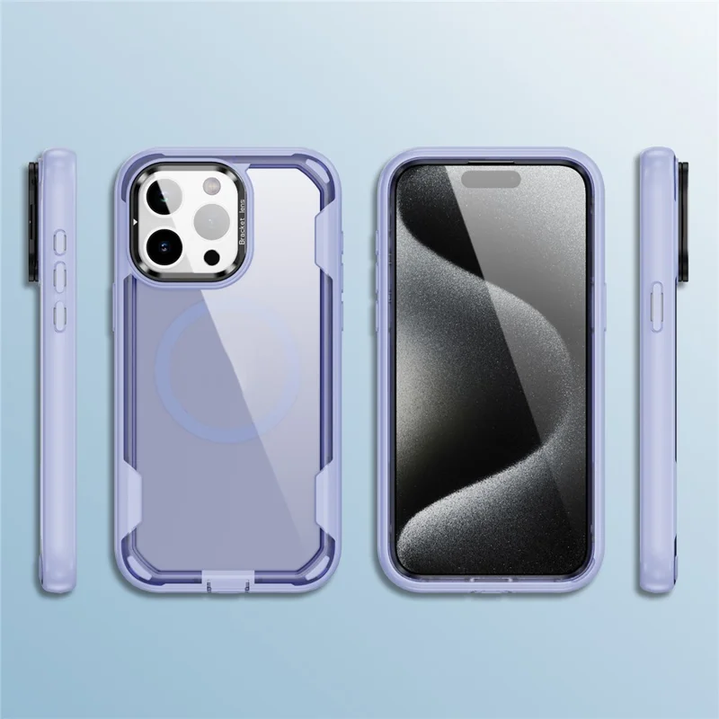 For iPhone 15 Pro Max Case Compatible with MagSafe Lens Frame Kickstand TPU + PC Shockproof Phone Cover - Light Purple + Transparent Purple