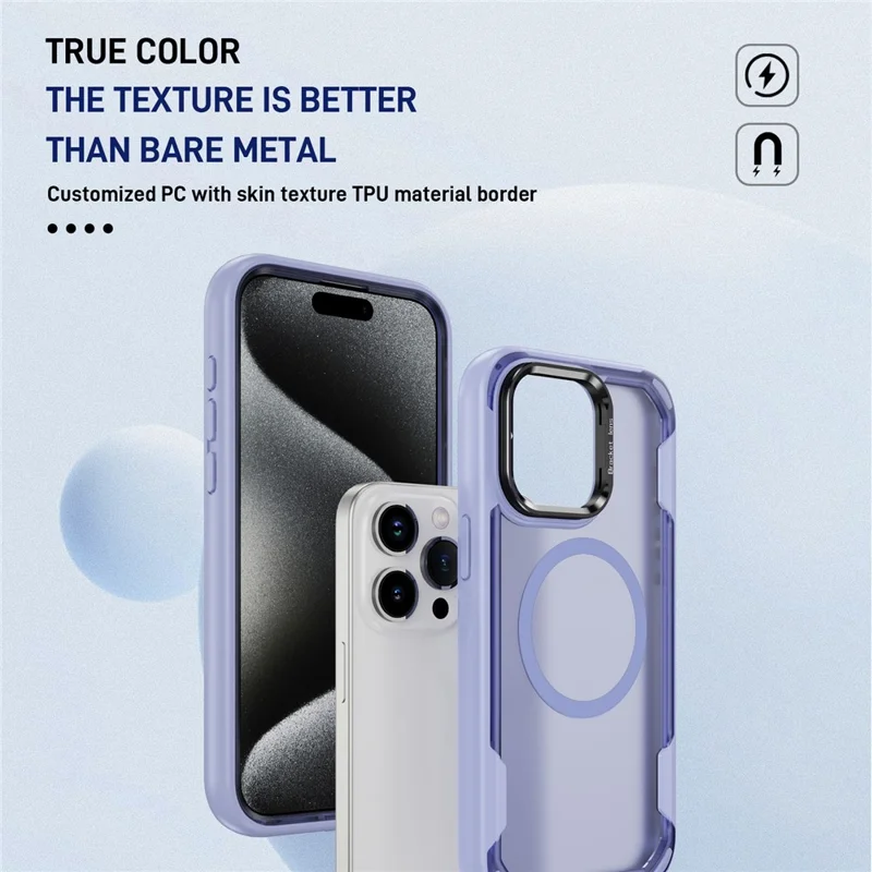 For iPhone 15 Pro Max Case Compatible with MagSafe Lens Frame Kickstand TPU + PC Shockproof Phone Cover - Light Purple + Transparent Purple