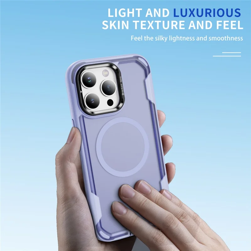 For iPhone 15 Pro Max Case Compatible with MagSafe Lens Frame Kickstand TPU + PC Shockproof Phone Cover - Light Purple + Transparent Purple
