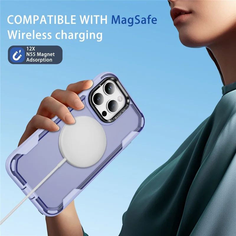 For iPhone 15 Pro Max Case Compatible with MagSafe Lens Frame Kickstand TPU + PC Shockproof Phone Cover - Light Purple + Transparent Purple