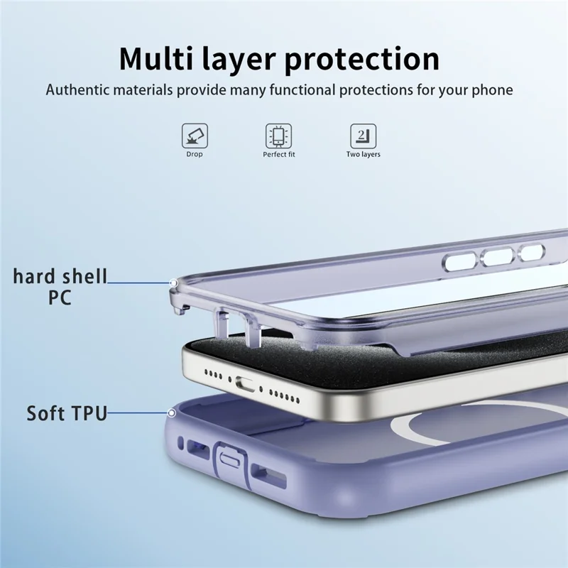 For iPhone 15 Pro Max Case Compatible with MagSafe Lens Frame Kickstand TPU + PC Shockproof Phone Cover - Light Purple + Transparent Purple