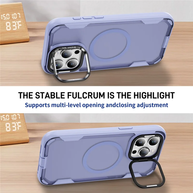 For iPhone 15 Pro Max Case Compatible with MagSafe Lens Frame Kickstand TPU + PC Shockproof Phone Cover - Light Purple + Transparent Purple