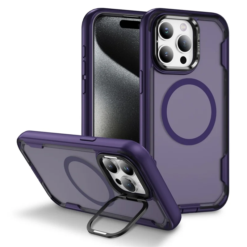 For iPhone 15 Pro Max Case Compatible with MagSafe Lens Frame Kickstand TPU + PC Shockproof Phone Cover - Purple + Bright Purple