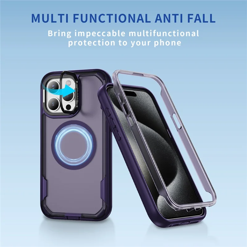For iPhone 15 Pro Max Case Compatible with MagSafe Lens Frame Kickstand TPU + PC Shockproof Phone Cover - Purple + Bright Purple