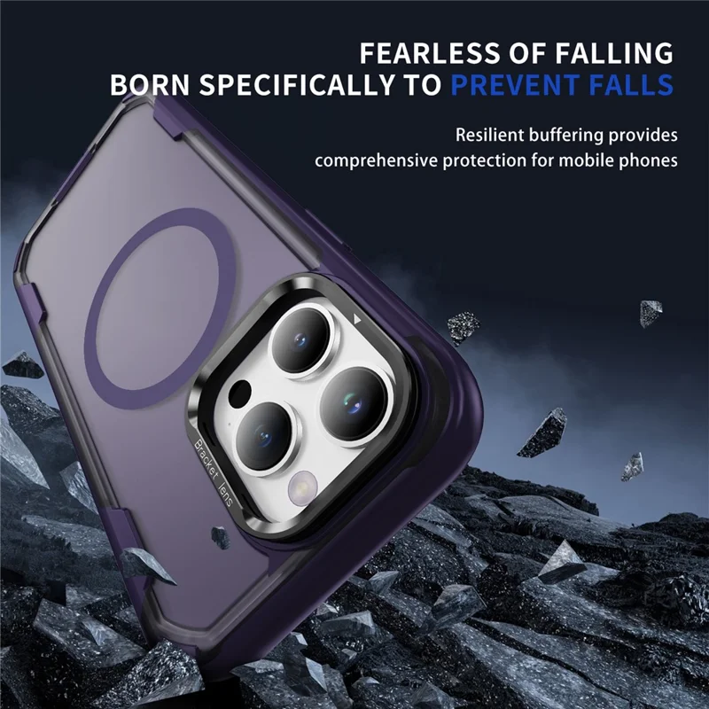 For iPhone 15 Pro Max Case Compatible with MagSafe Lens Frame Kickstand TPU + PC Shockproof Phone Cover - Purple + Bright Purple