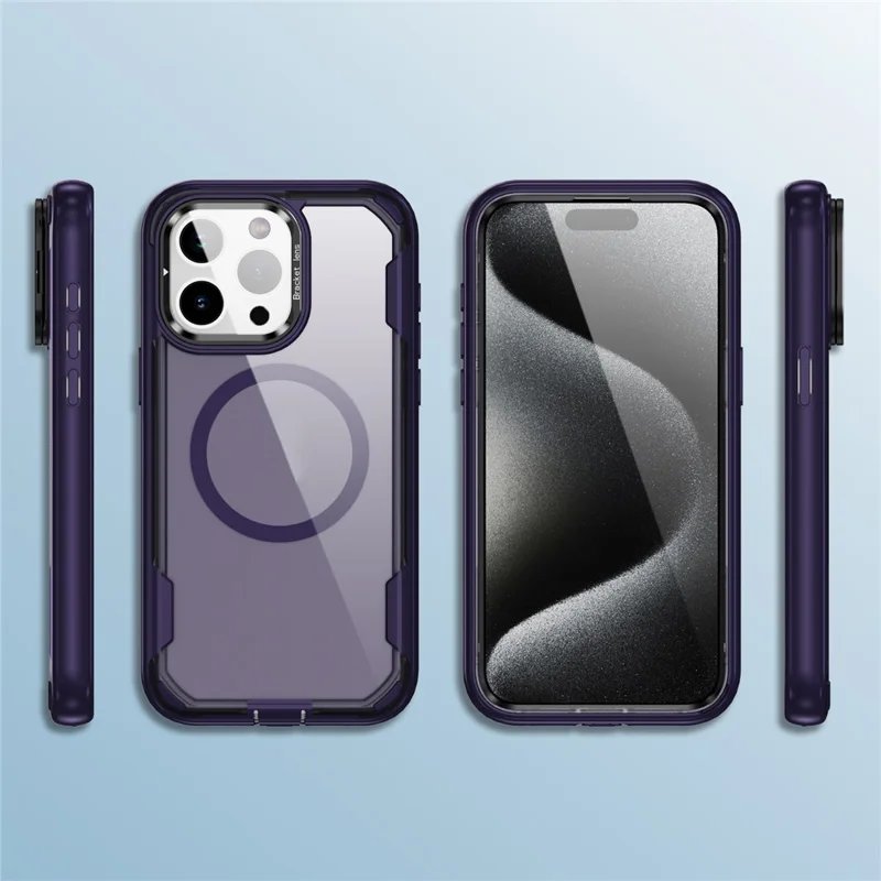 For iPhone 15 Pro Max Case Compatible with MagSafe Lens Frame Kickstand TPU + PC Shockproof Phone Cover - Purple + Bright Purple
