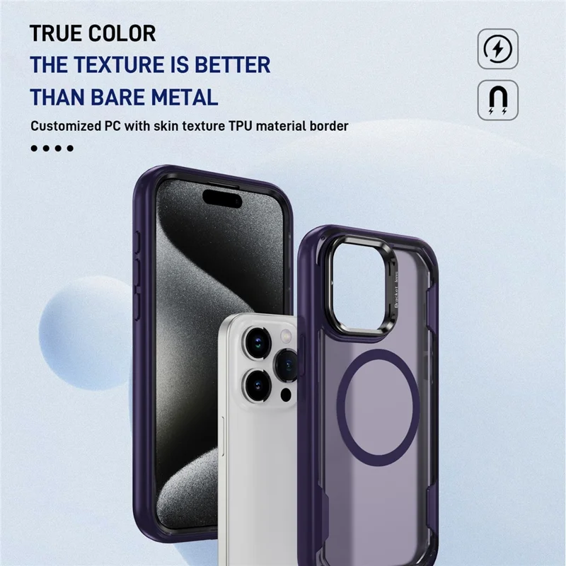 For iPhone 15 Pro Max Case Compatible with MagSafe Lens Frame Kickstand TPU + PC Shockproof Phone Cover - Purple + Bright Purple