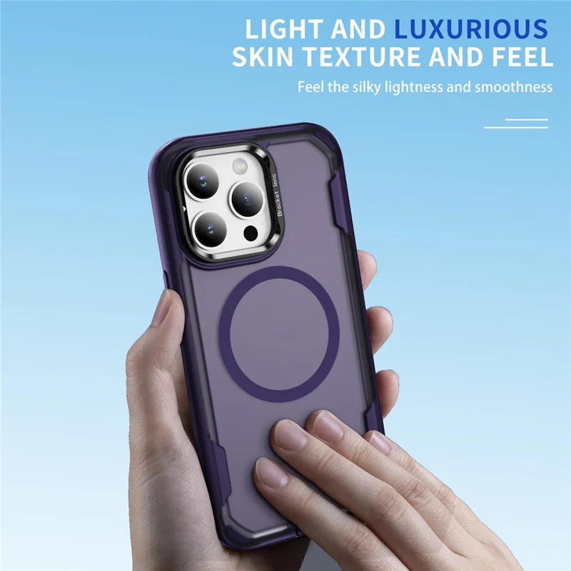 For iPhone 15 Pro Max Case Compatible with MagSafe Lens Frame Kickstand TPU + PC Shockproof Phone Cover - Purple + Bright Purple