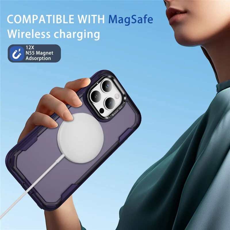For iPhone 15 Pro Max Case Compatible with MagSafe Lens Frame Kickstand TPU + PC Shockproof Phone Cover - Purple + Bright Purple