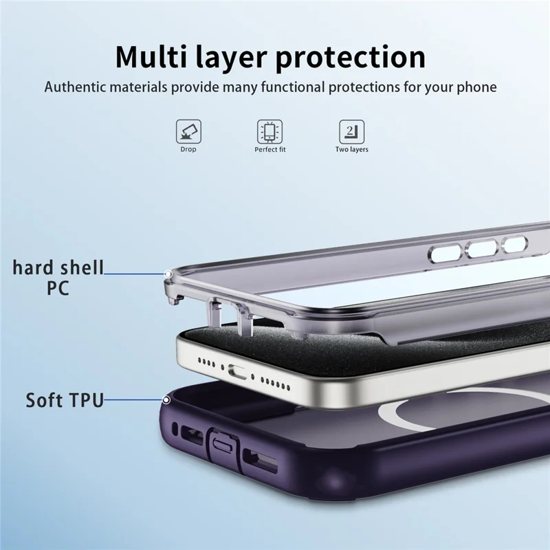 For iPhone 15 Pro Max Case Compatible with MagSafe Lens Frame Kickstand TPU + PC Shockproof Phone Cover - Purple + Bright Purple