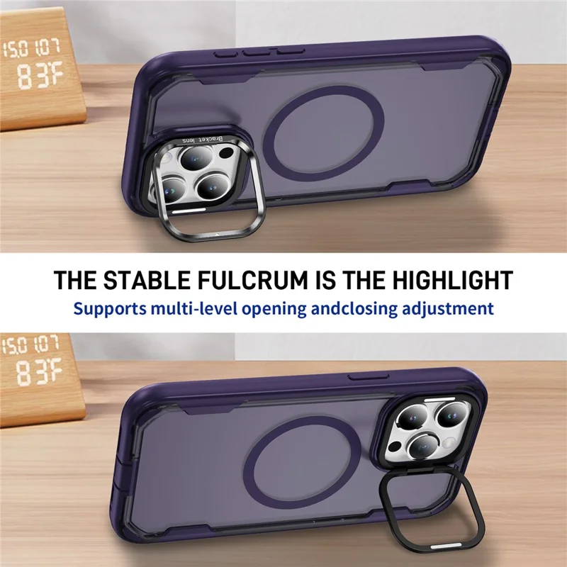 For iPhone 15 Pro Max Case Compatible with MagSafe Lens Frame Kickstand TPU + PC Shockproof Phone Cover - Purple + Bright Purple