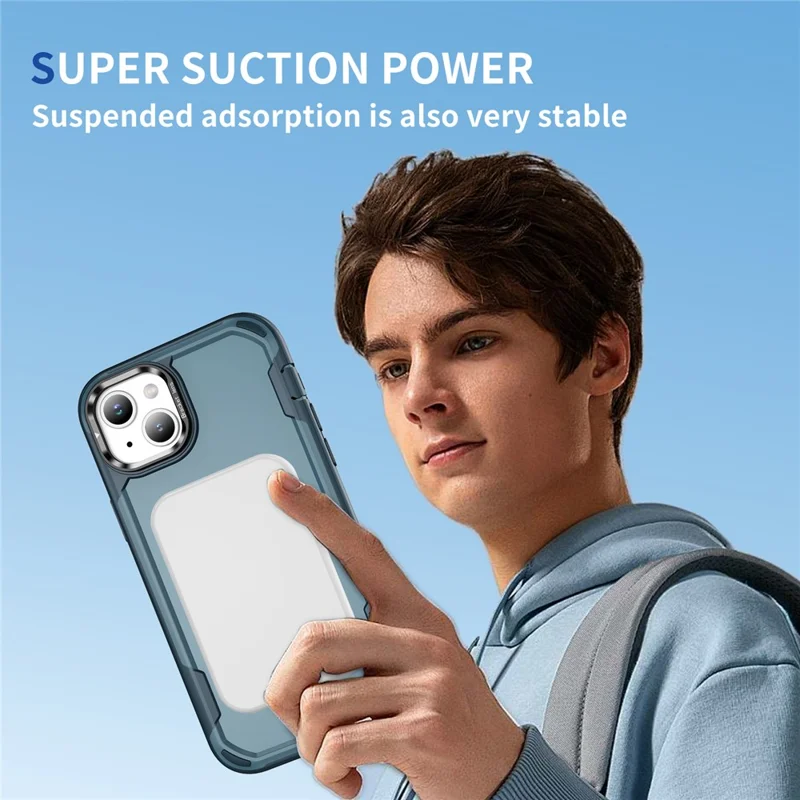 For iPhone 15 Case Compatible with MagSafe Lens Frame Kickstand TPU + PC Shockproof Phone Cover - Sapphire + Blue