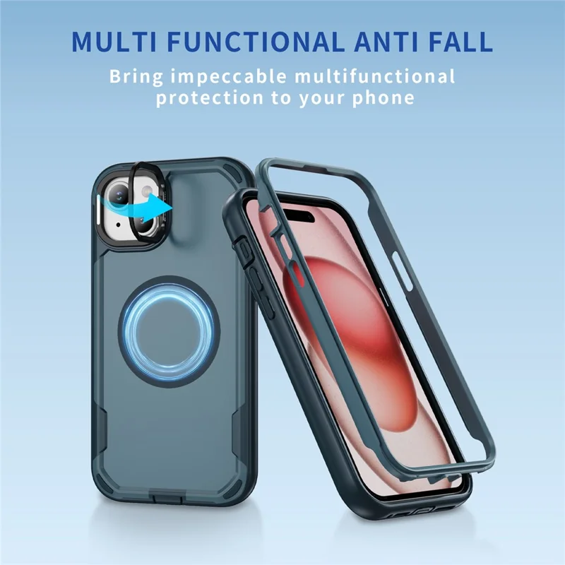 For iPhone 15 Case Compatible with MagSafe Lens Frame Kickstand TPU + PC Shockproof Phone Cover - Sapphire + Blue