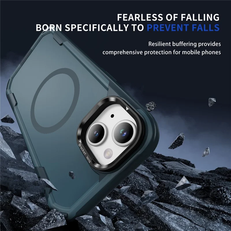 For iPhone 15 Case Compatible with MagSafe Lens Frame Kickstand TPU + PC Shockproof Phone Cover - Sapphire + Blue