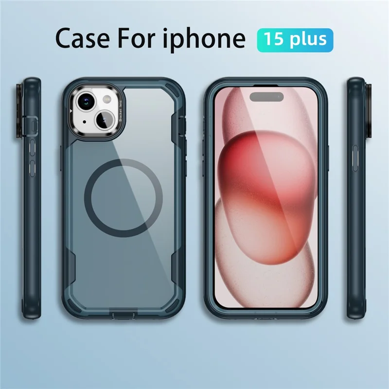 For iPhone 15 Case Compatible with MagSafe Lens Frame Kickstand TPU + PC Shockproof Phone Cover - Sapphire + Blue
