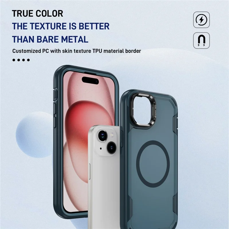 For iPhone 15 Case Compatible with MagSafe Lens Frame Kickstand TPU + PC Shockproof Phone Cover - Sapphire + Blue