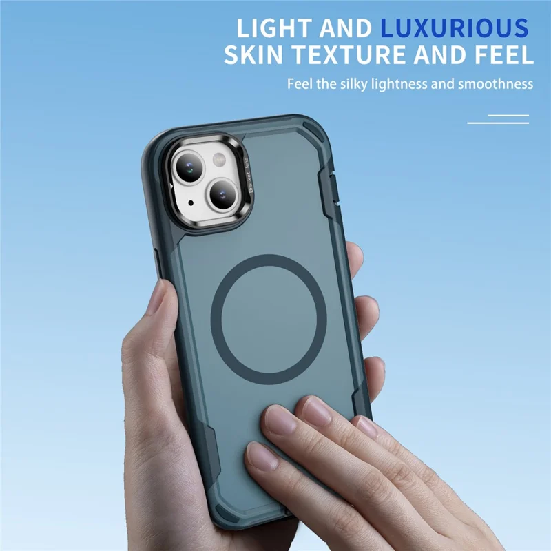 For iPhone 15 Case Compatible with MagSafe Lens Frame Kickstand TPU + PC Shockproof Phone Cover - Sapphire + Blue