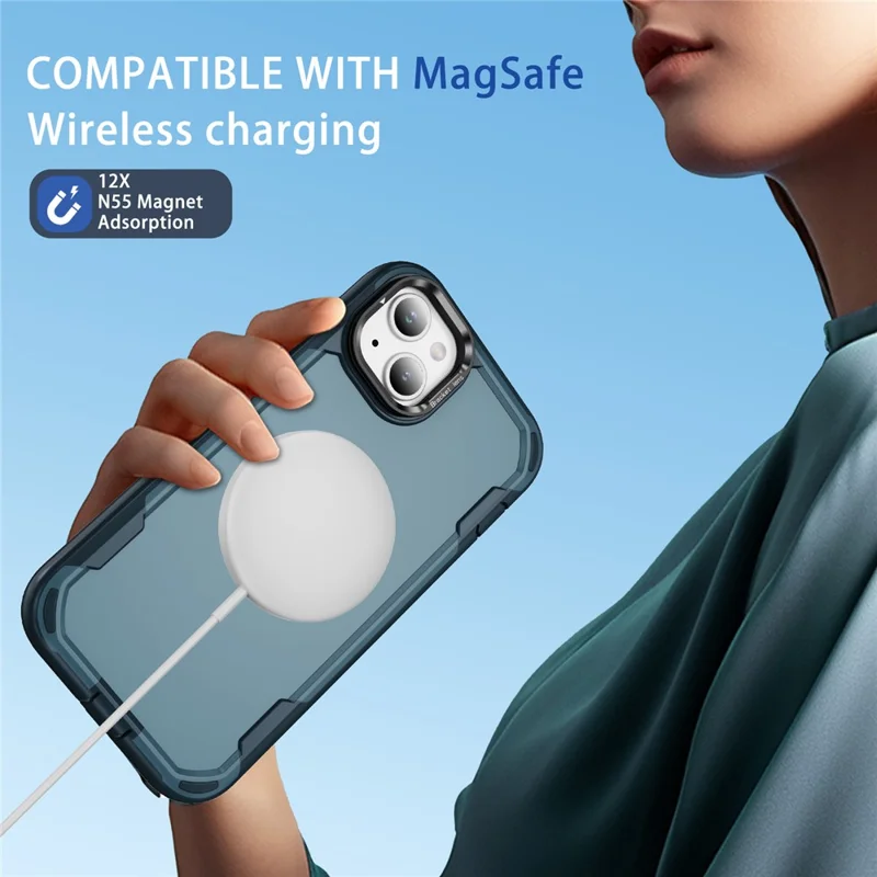For iPhone 15 Case Compatible with MagSafe Lens Frame Kickstand TPU + PC Shockproof Phone Cover - Sapphire + Blue